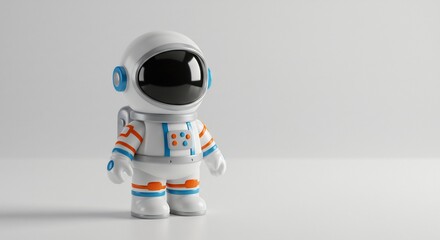 Cute astronaut figurine stands brightly lit against a plain white background. AI Generated