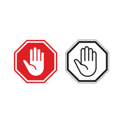 Red and black stop sign with big hand symbol template icon vector illustration