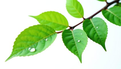 Obraz premium Single isolated tree branch with dew drops on white background, natural, solitary,