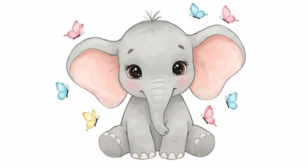 Obraz premium Cute baby elephant playfully surrounded by colorful butterflies soft light. AI Generated