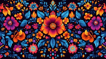 Colorful and symmetrical floral arrangement with vibrant blossoms and leaves