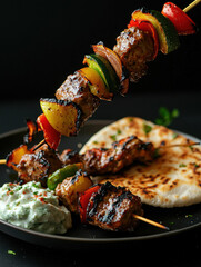 Grilled Lamb Kofta Skewers with Tzatziki Sauce and Pita Bread