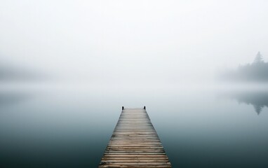 Fototapeta premium Foggy Lake With Wooden Pier And Misty Trees
