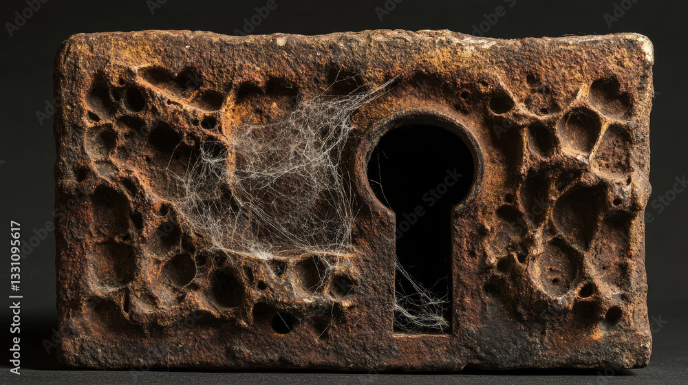 Poster the image shows a rusted metal keyhole with a spider web on it