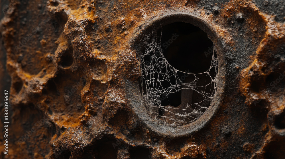 Poster the image shows a close up of a rusted metal object with a hole in it