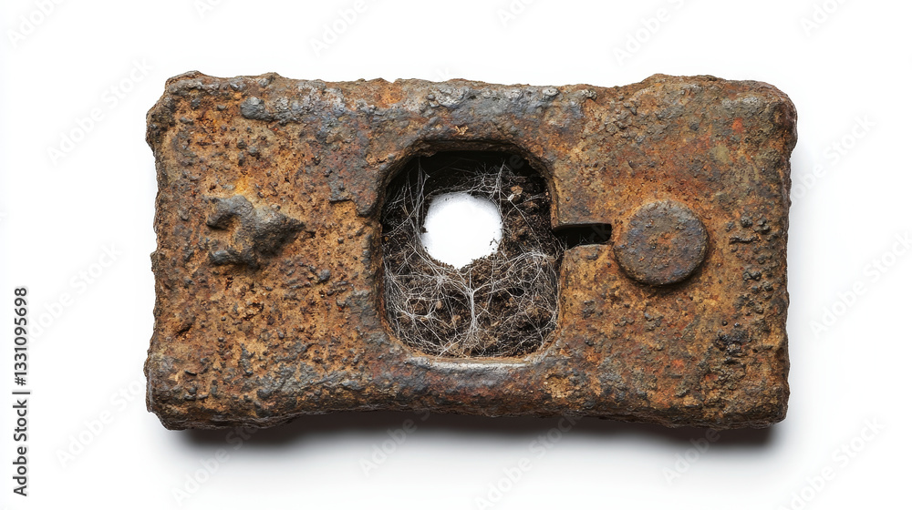 Poster the image shows a rusted metal object with a hole in it