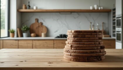 Fototapeta premium Wooden Coasters Stacked on a Table in Modern Kitchen Interior Design
