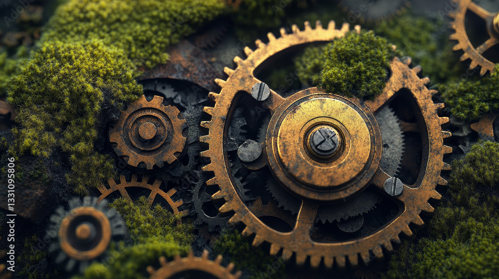 Poster the image shows a close up of a bunch of rusty gears and cogs on a moss-covered surface. the gears a