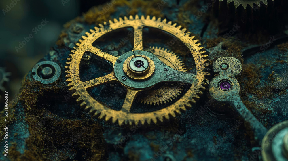 Poster the image shows a close up of a clock with intricate gears on it
