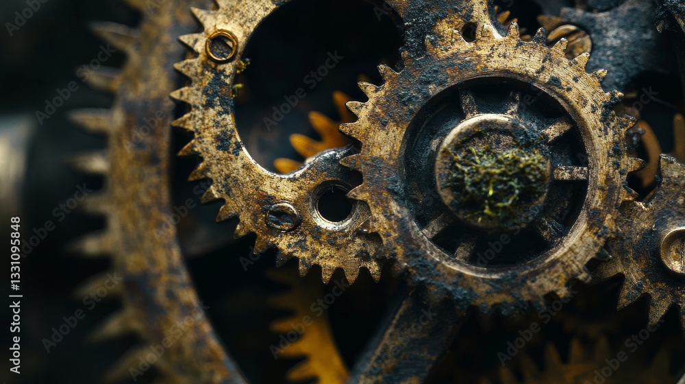 Poster the image shows a close up of a bunch of rusty gears on a table. the gears are arranged in a circula