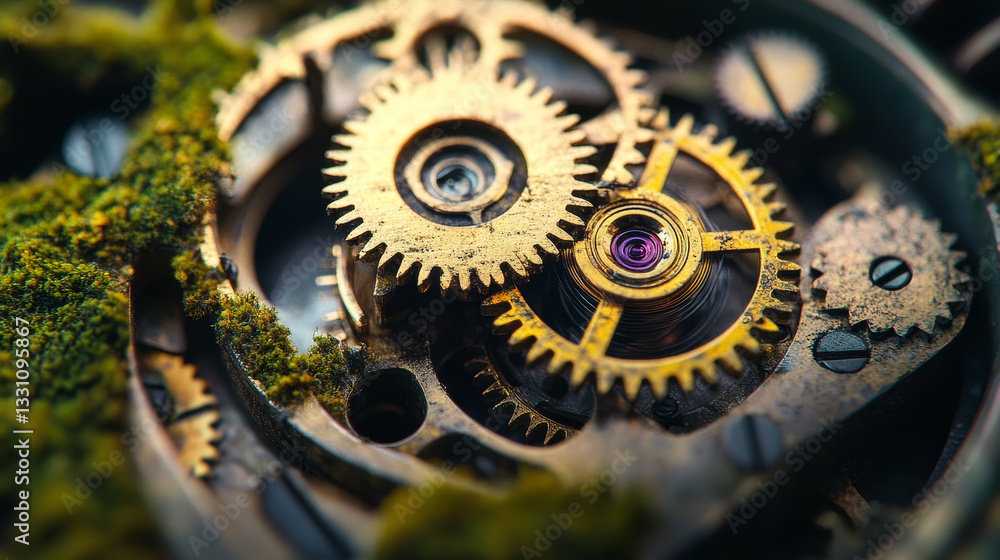 Poster the image shows a close up of a clock with intricate gears and cogs
