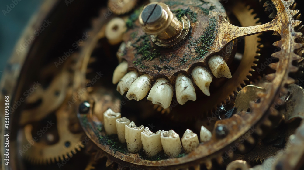 Poster the image shows a close up of a clock with a tooth in the middle of it