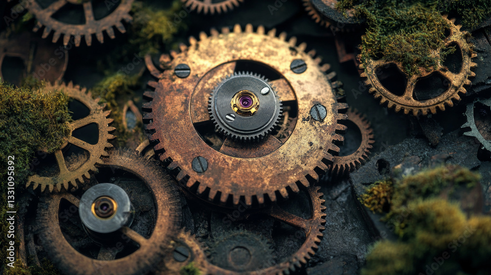 Poster the image shows a close up of a bunch of rusty gears on a rock