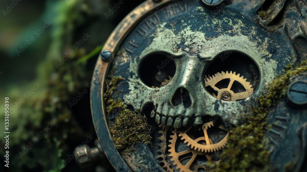 Poster the image shows a close up of a metal object with a skull and gears on it