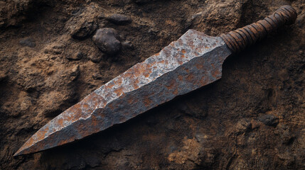 The image shows an old rusty dagger sitting on top of a rock. The dagger has a long
