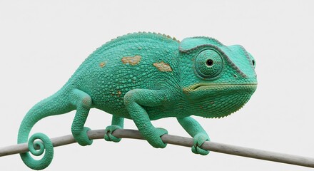 Obraz premium Vibrant turquoise chameleon delicately perches on thin branch soft light illuminates its scales. AI Generated