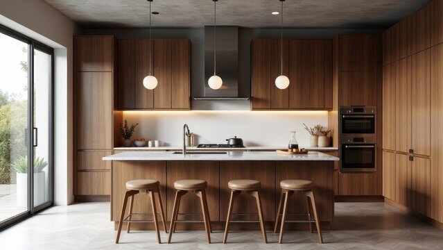 Modern kitchen featuring dark wood furniture, an island with stools, pendant lights, and built-in appliances.