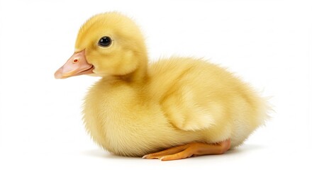 Adorable fluffy duckling sits peacefully against bright white background. AI Generated
