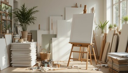Bright and Organized Art Studio with Blank Canvases and Supplies