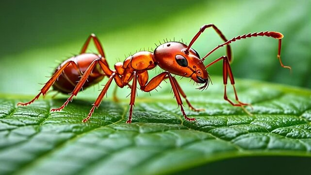 Close-Up Macro Shot of a Red Fire Ant Walking on a Green Leaf with Detailed Texture, High-Resolution Insect Photography for Nature and Wildlife Concepts