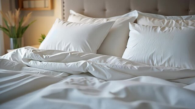  Luxurious white bed with plush pillows and soft bedding in a bright room