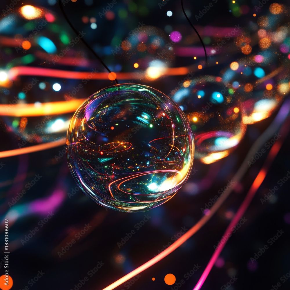 Poster the image shows a multitude of colorful bubbles floating in the air against a dark background. the b