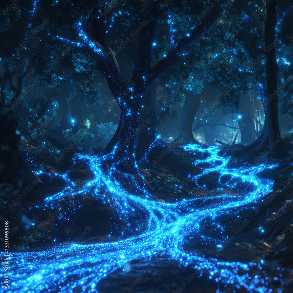 Poster the image shows a magical forest with trees and a stream of blue fireflies in the middle. the trees 
