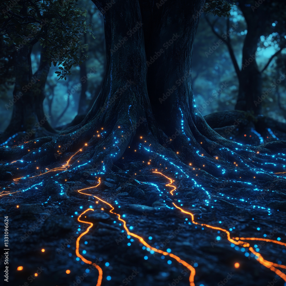 Poster the image shows a tree in the middle of a forest with glowing blue and orange lights on its roots. t