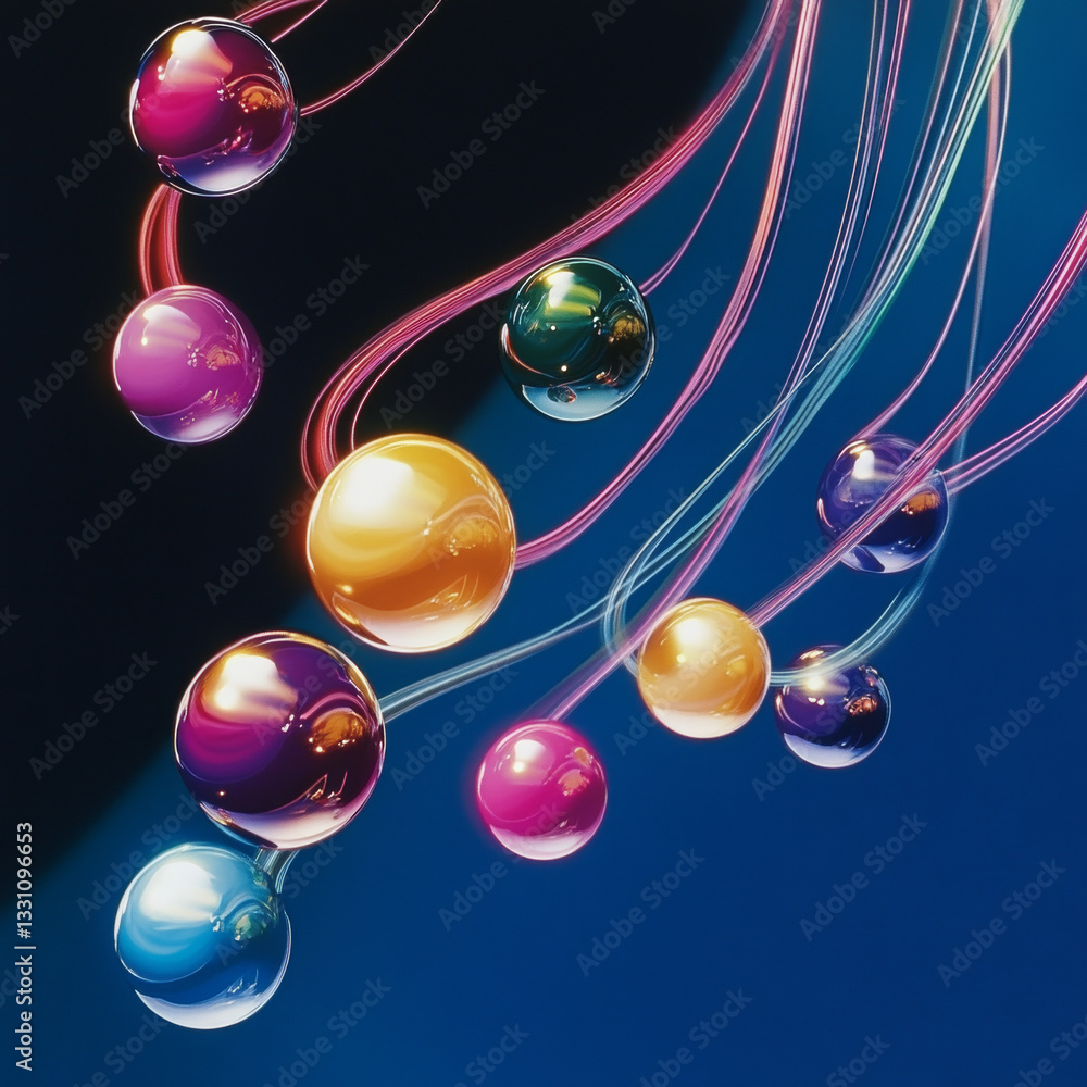 Poster the image shows a bunch of colorful soap bubbles floating on a blue background. the bubbles are of v