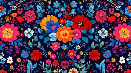 A symmetrical and vibrantly colored pattern of various floral blooms