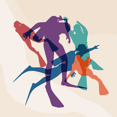 Silhouettes of diver. Set of diver icons. The concept of sport diving. Scuba diving adventure.