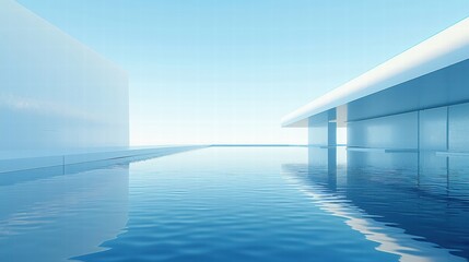 Obraz premium Serene Minimalist Architecture with Calm Water Reflection at Dusk
