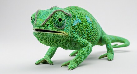 Obraz premium Brightly lit green chameleon subtly poses against a clean white background. AI Generated