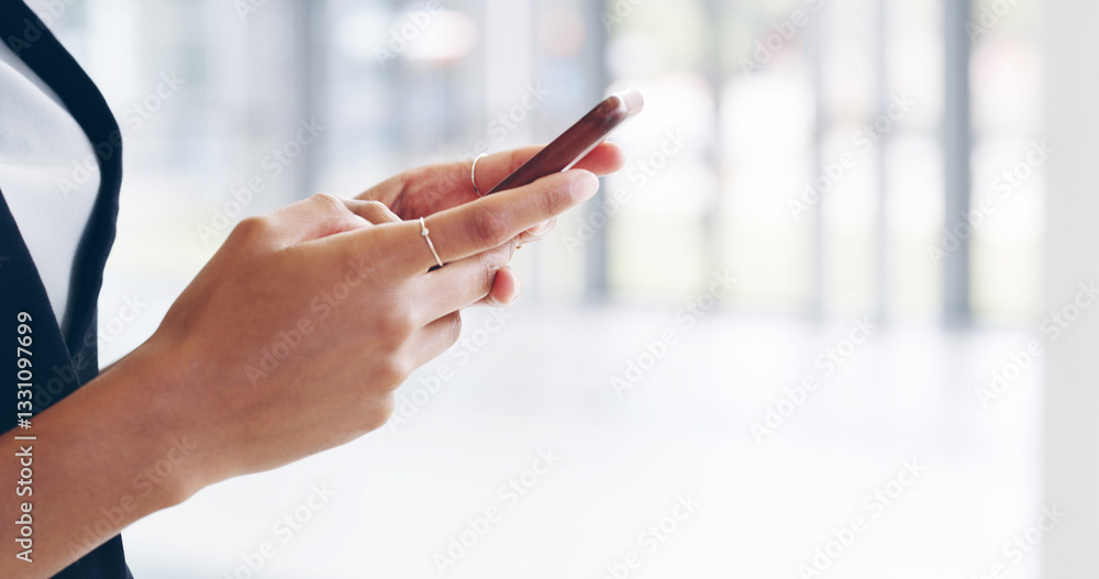Aufkleber Closeup, hands and research with smartphone, business and review of stock market on website or online. Office, trader and person with tech for info, digital and browsing for economic growth and stats