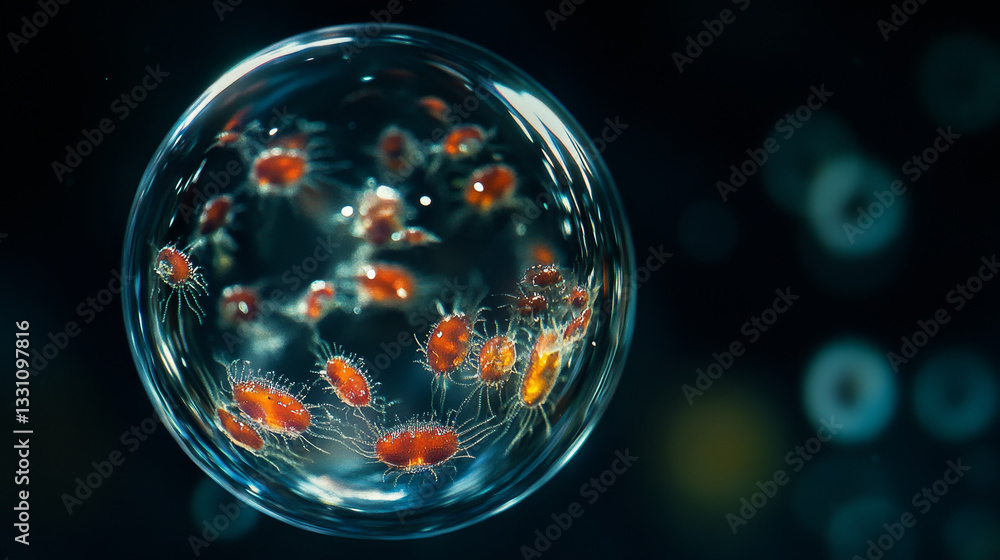 Poster the image shows a soap bubble filled with a group of red zooplankton bacteria inside of it