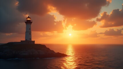 Lighthouse at Sunset &ndash; Coastal Serenity & Dramatic Golden Hour Sky