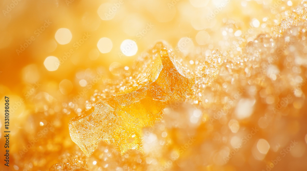 Poster the image shows a close up of a piece of honey on a yellow background with bokeh lights
