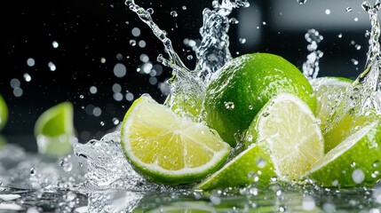 Fresh Limes Splashing in Water on Dark Background with Bokeh Effect