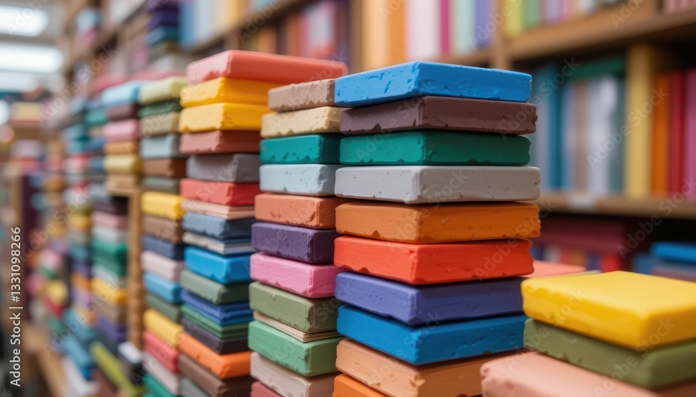 Poster colorful stacks of crafting clay blocks in a creative workspace