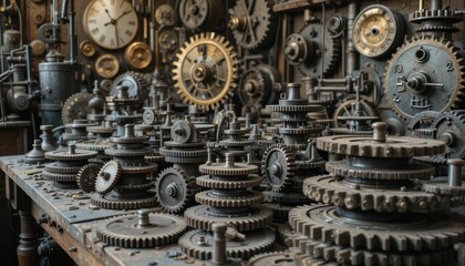 Intricate Arrangement of Vintage Gears and Mechanical Components