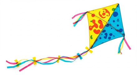 Brightly colored kite playfully dances in sunlight against white background. AI Generated