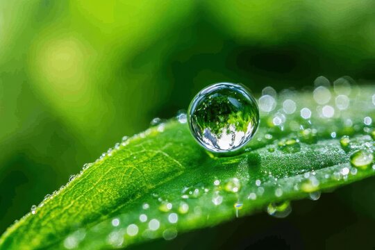 Close up shot of a green leaf with a beautiful water droplet that looks like a glass ball on top of it and is about to fall, green nature eco-friendly photography - Powered by Adobe