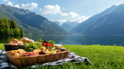 serene lakeside picnic with variety of international foods on sunny day