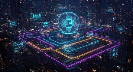 Futuristic city with AI-driven decision pathways, glowing data streams, and holographic interfaces, symbolizing artificial intelligence shaping the future.
