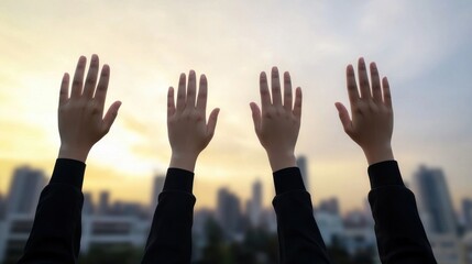 Hands Raised Against Urban Skyline at Sunset with Warm Tones