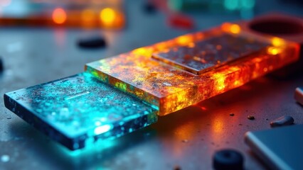 A glowing flaying tool with vibrant blue and orange colors, lying on a surface with scattered objects around.