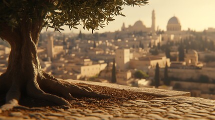 Obraz premium Ancient olive tree overlooking Jerusalem at sunset.