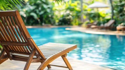 Fototapeta premium Relaxing Wooden Lounger by Sparkling Swimming Pool in Lush Garden