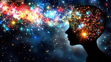 Woman Silhouette with Colorful Starburst Head, Cosmic Background
