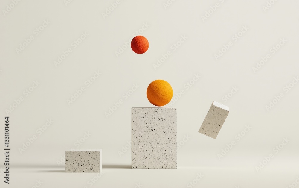 Poster balancing textured spheres and speckled blocks 3d composition